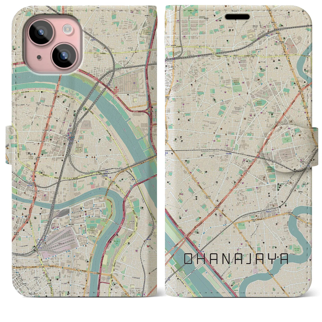 【お花茶屋】地図柄iPhoneケース（手帳両面タイプ・ナチュラル）iPhone 15 Plus 用