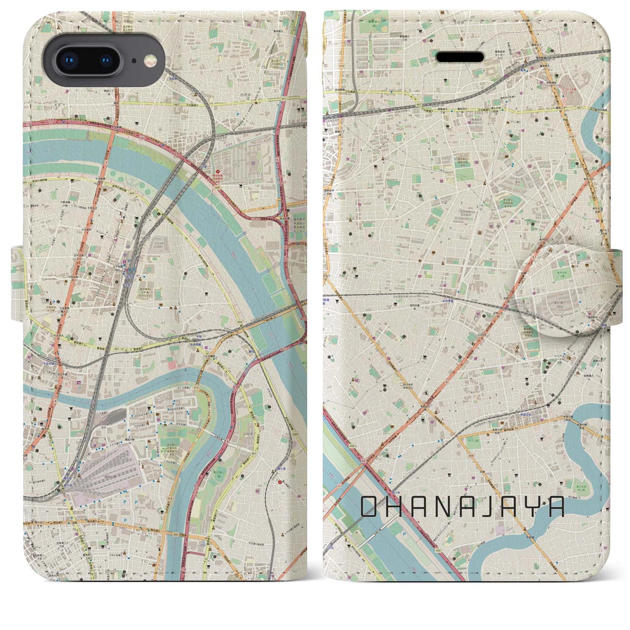 【お花茶屋】地図柄iPhoneケース（手帳両面タイプ・ナチュラル）iPhone 8Plus /7Plus / 6sPlus / 6Plus 用