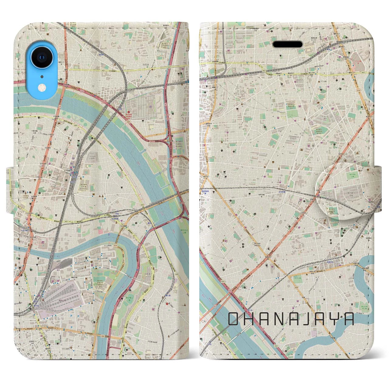 【お花茶屋】地図柄iPhoneケース（手帳両面タイプ・ナチュラル）iPhone XR 用
