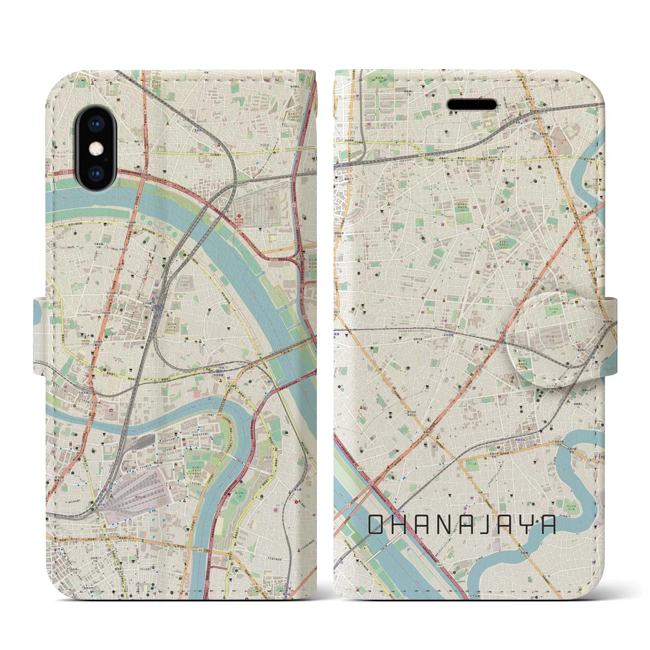 【お花茶屋】地図柄iPhoneケース（手帳両面タイプ・ナチュラル）iPhone XS / X 用