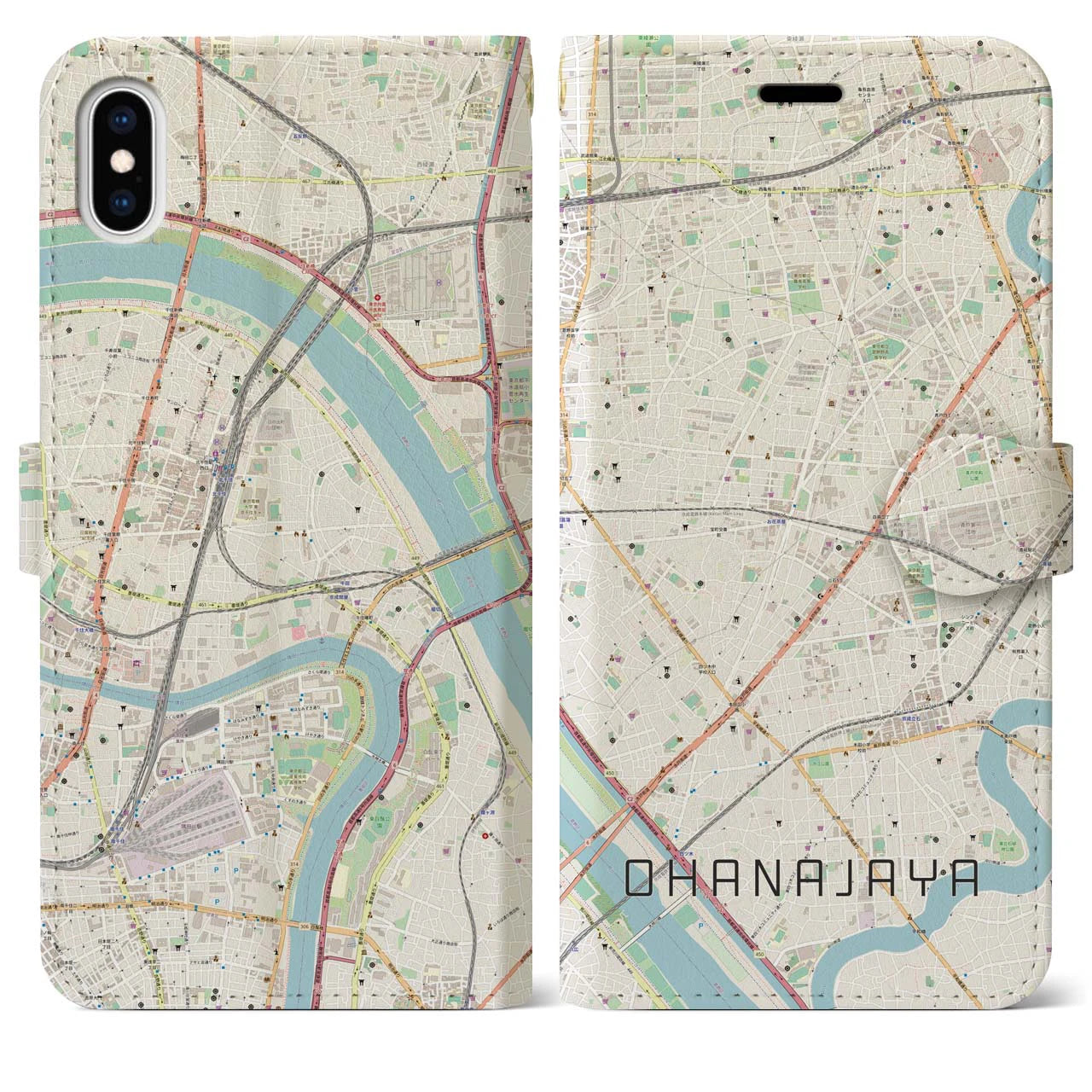 【お花茶屋】地図柄iPhoneケース（手帳両面タイプ・ナチュラル）iPhone XS Max 用