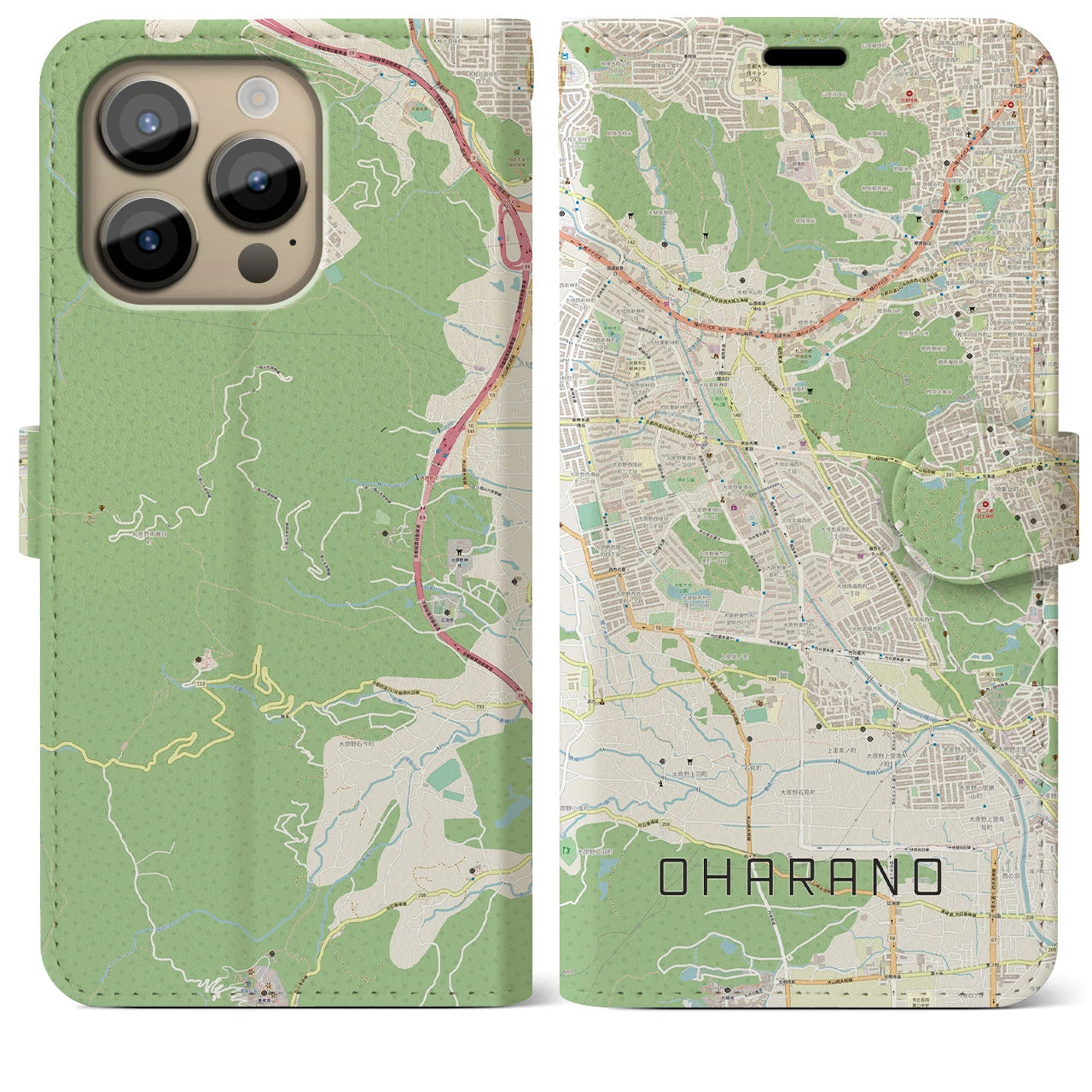 【大原野】地図柄iPhoneケース（手帳両面タイプ・ナチュラル）iPhone 14 Pro Max 用