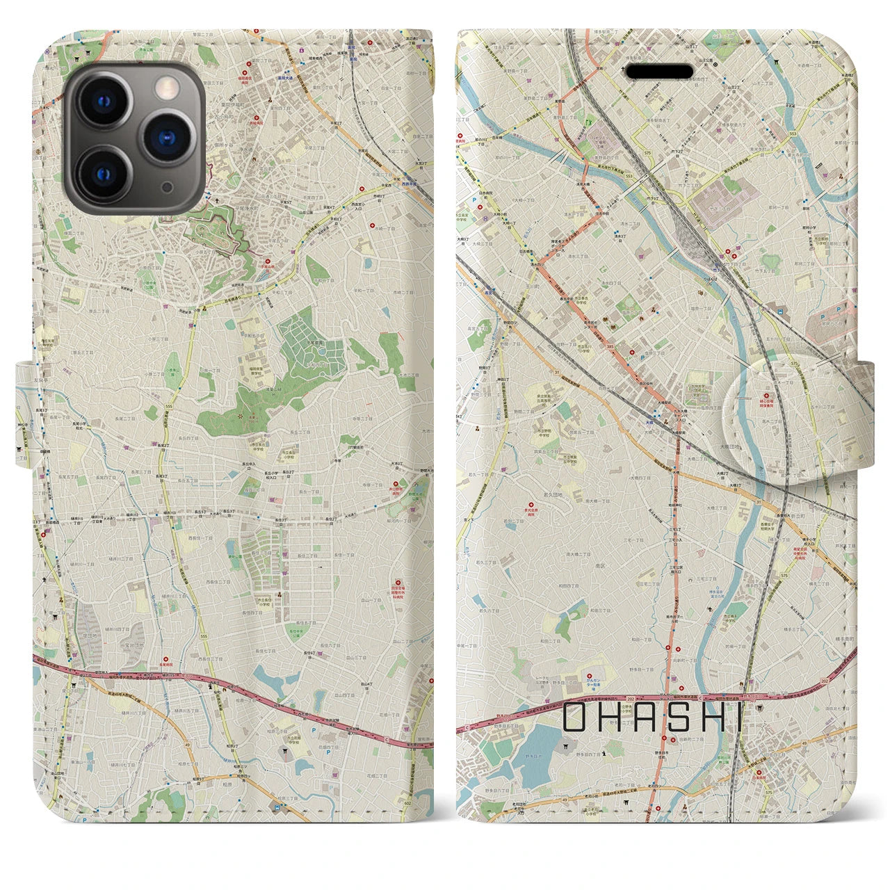 【大橋】地図柄iPhoneケース（手帳両面タイプ・ナチュラル）iPhone 11 Pro Max 用