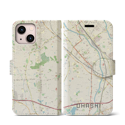 【大橋（福岡県）】地図柄iPhoneケース（手帳タイプ）ナチュラル・iPhone 13 mini 用