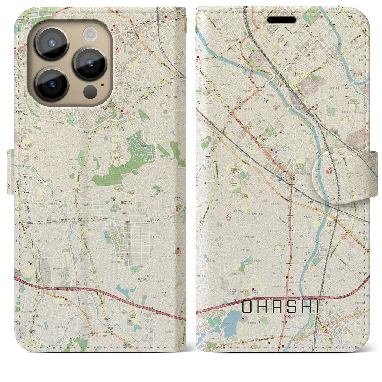 【大橋】地図柄iPhoneケース（手帳両面タイプ・ナチュラル）iPhone 14 Pro Max 用