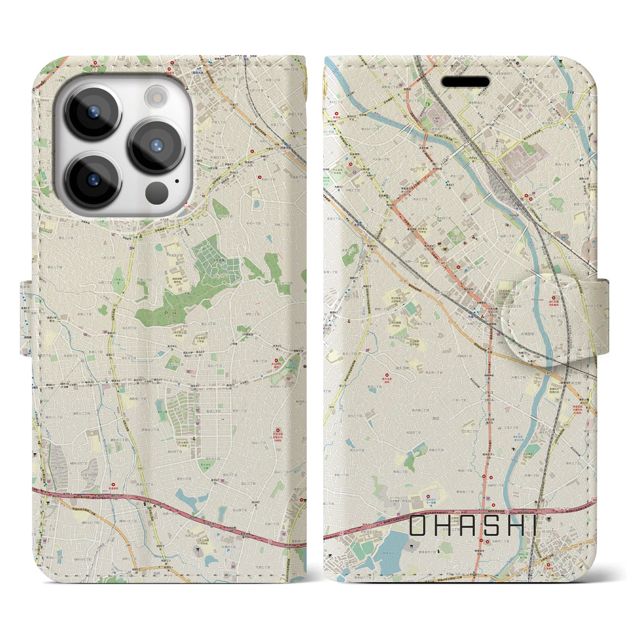 【大橋】地図柄iPhoneケース（手帳両面タイプ・ナチュラル）iPhone 14 Pro 用