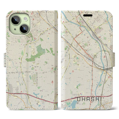 【大橋（福岡県）】地図柄iPhoneケース（手帳タイプ）ナチュラル・iPhone 15 用