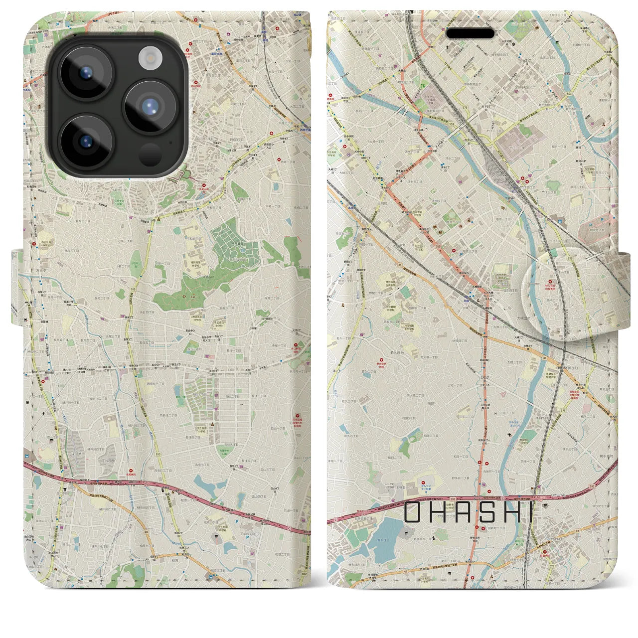 【大橋】地図柄iPhoneケース（手帳両面タイプ・ナチュラル）iPhone 15 Pro Max 用