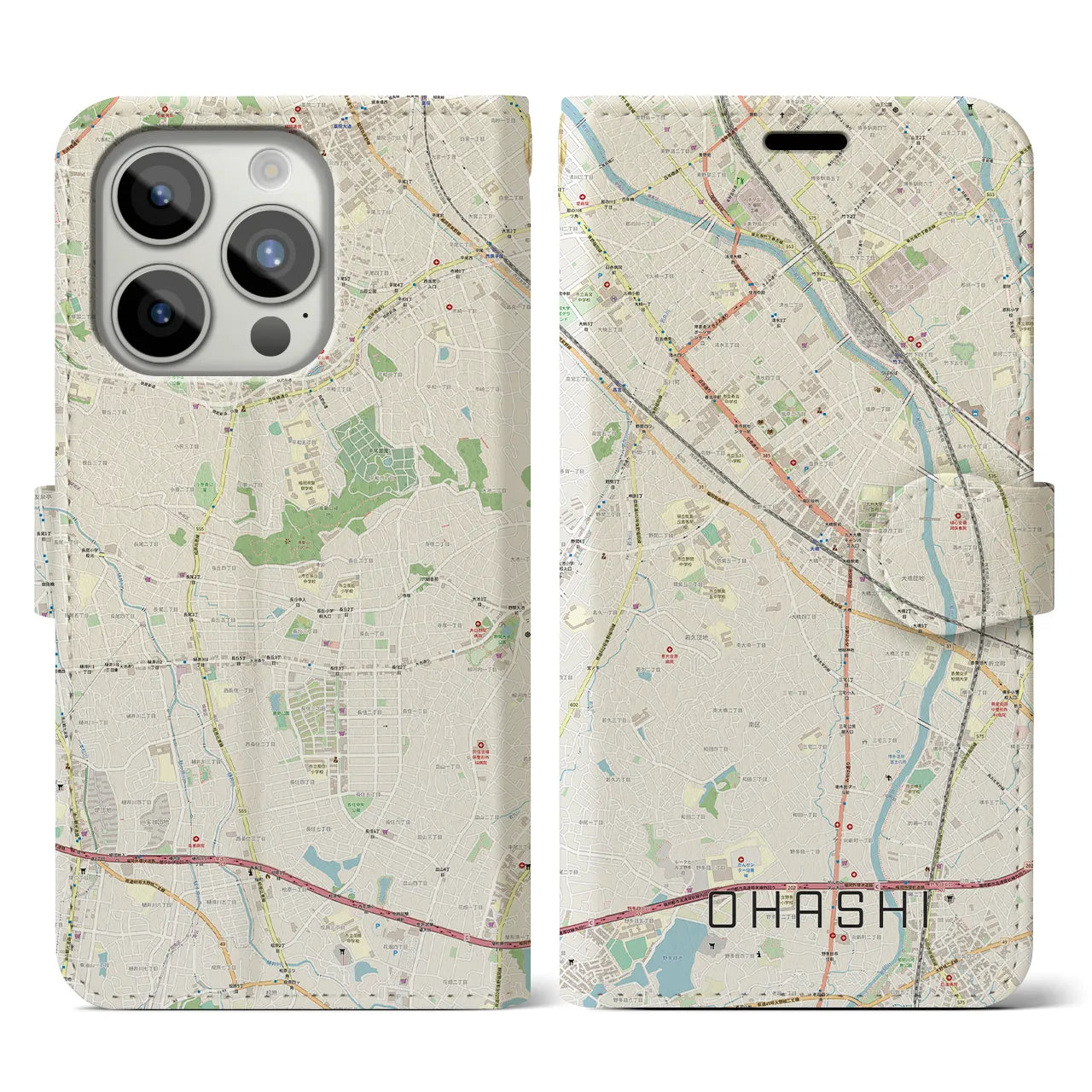 【大橋】地図柄iPhoneケース（手帳両面タイプ・ナチュラル）iPhone 15 Pro 用