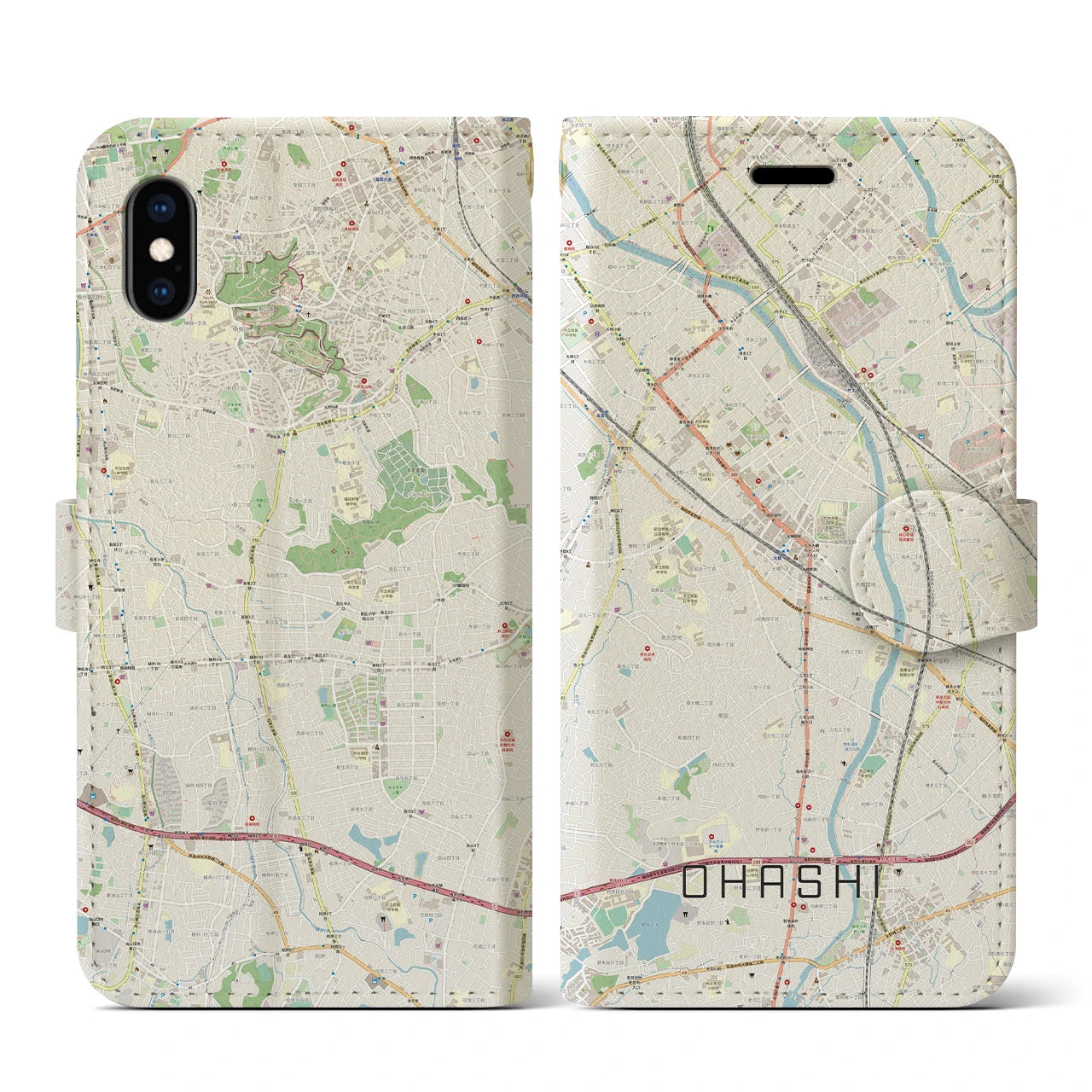 【大橋】地図柄iPhoneケース（手帳両面タイプ・ナチュラル）iPhone XS / X 用