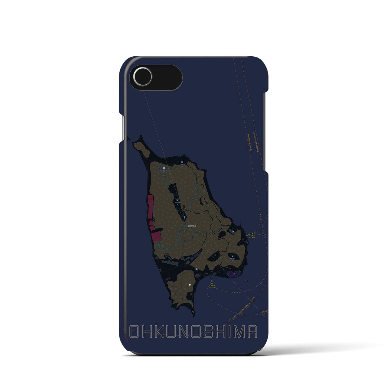 【大久野島】地図柄iPhoneケース（バックカバータイプ・ブラック）iPhone SE（第3 / 第2世代） / 8 / 7 / 6s / 6 用