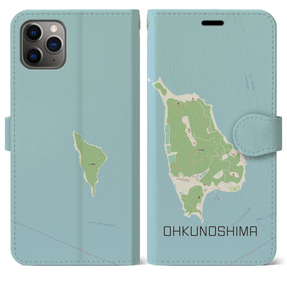 【大久野島（広島県）】地図柄iPhoneケース（手帳タイプ）ナチュラル・iPhone 11 Pro Max 用
