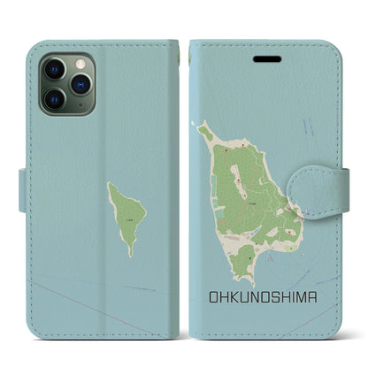 【大久野島（広島県）】地図柄iPhoneケース（手帳タイプ）ナチュラル・iPhone 11 Pro 用