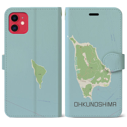 【大久野島（広島県）】地図柄iPhoneケース（手帳タイプ）ナチュラル・iPhone 11 用