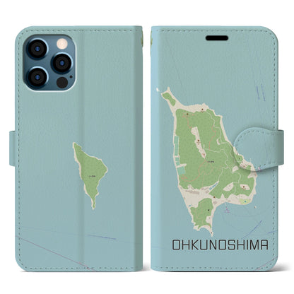 【大久野島（広島県）】地図柄iPhoneケース（手帳タイプ）ナチュラル・iPhone 12 / 12 Pro 用