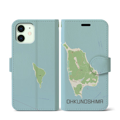 【大久野島（広島県）】地図柄iPhoneケース（手帳タイプ）ナチュラル・iPhone 12 mini 用