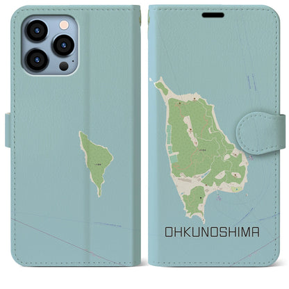 【大久野島（広島県）】地図柄iPhoneケース（手帳タイプ）ナチュラル・iPhone 13 Pro Max 用