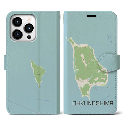 【大久野島（広島県）】地図柄iPhoneケース（手帳タイプ）ナチュラル・iPhone 13 Pro 用