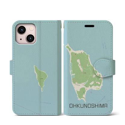 【大久野島（広島県）】地図柄iPhoneケース（手帳タイプ）ナチュラル・iPhone 13 mini 用