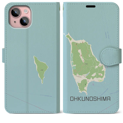 【大久野島（広島県）】地図柄iPhoneケース（手帳タイプ）ナチュラル・iPhone 15 Plus 用