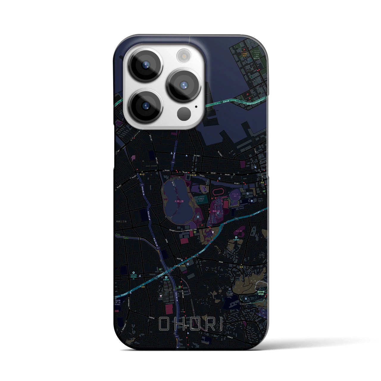 【大濠】地図柄iPhoneケース（バックカバータイプ・ブラック）iPhone 14 Pro 用