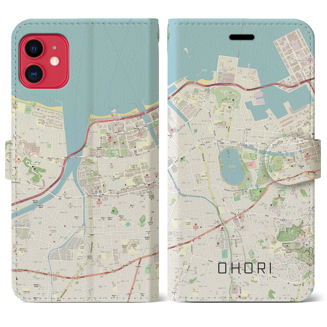 【大濠】地図柄iPhoneケース（手帳両面タイプ・ナチュラル）iPhone 11 用