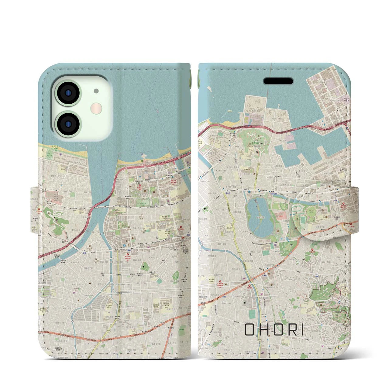 【大濠】地図柄iPhoneケース（手帳両面タイプ・ナチュラル）iPhone 12 mini 用
