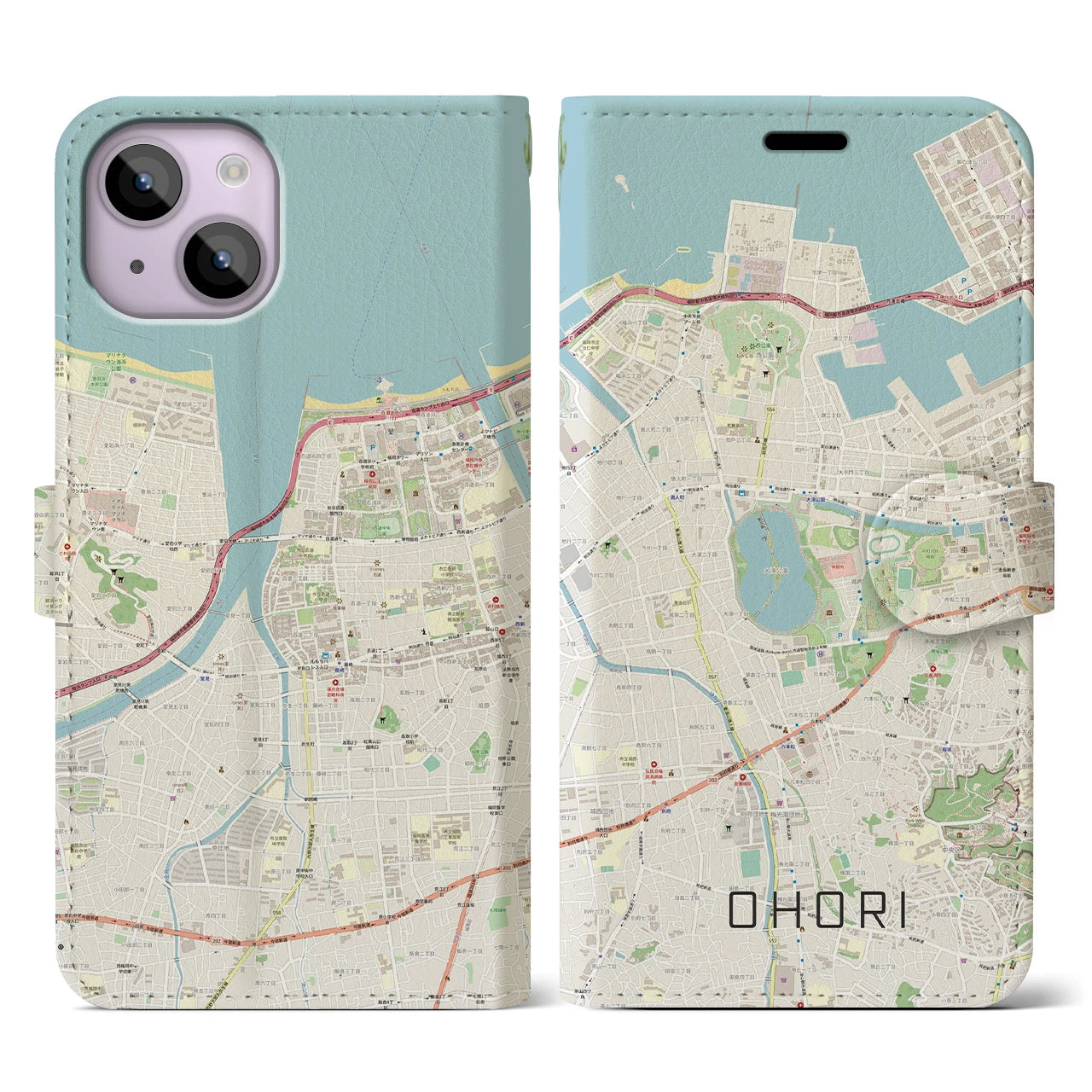 【大濠】地図柄iPhoneケース（手帳両面タイプ・ナチュラル）iPhone 14 用