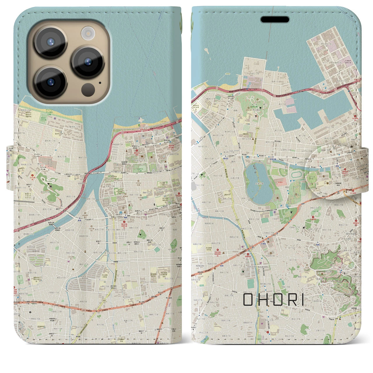 【大濠】地図柄iPhoneケース（手帳両面タイプ・ナチュラル）iPhone 14 Pro Max 用