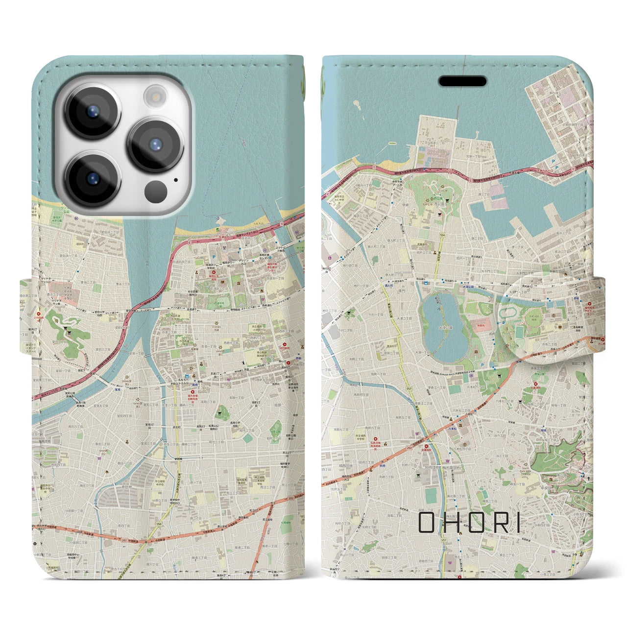 【大濠】地図柄iPhoneケース（手帳両面タイプ・ナチュラル）iPhone 14 Pro 用
