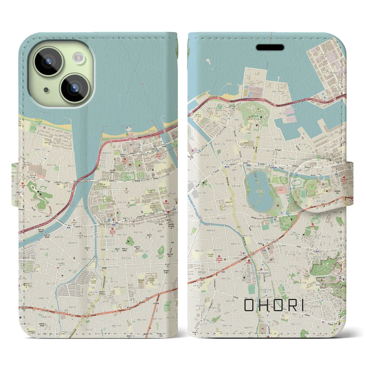 【大濠】地図柄iPhoneケース（手帳両面タイプ・ナチュラル）iPhone 15 用