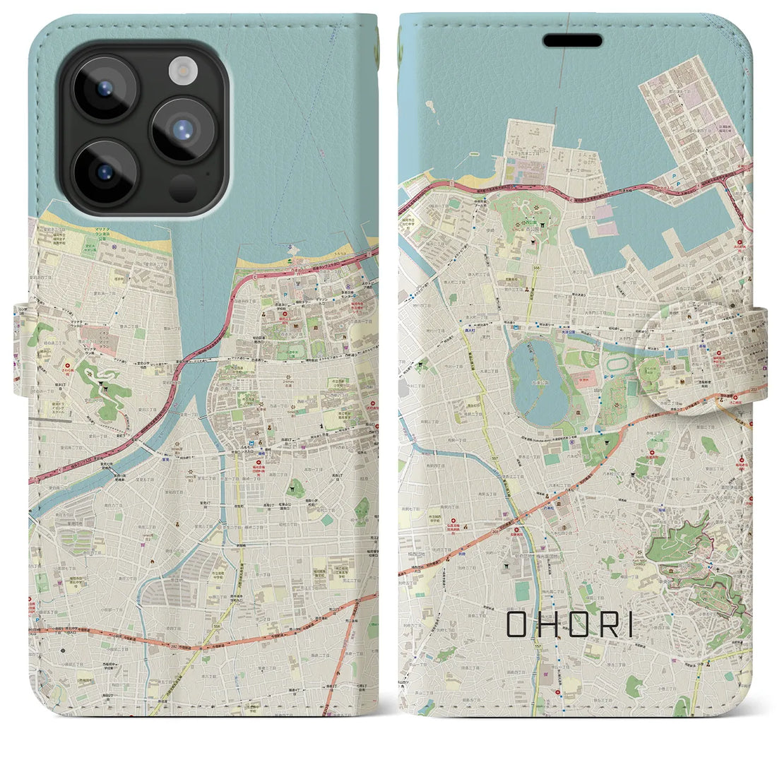 【大濠】地図柄iPhoneケース（手帳両面タイプ・ナチュラル）iPhone 15 Pro Max 用