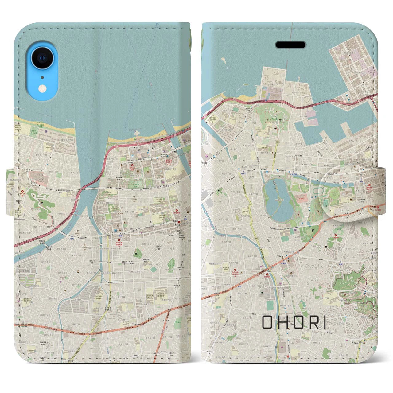 【大濠】地図柄iPhoneケース（手帳両面タイプ・ナチュラル）iPhone XR 用