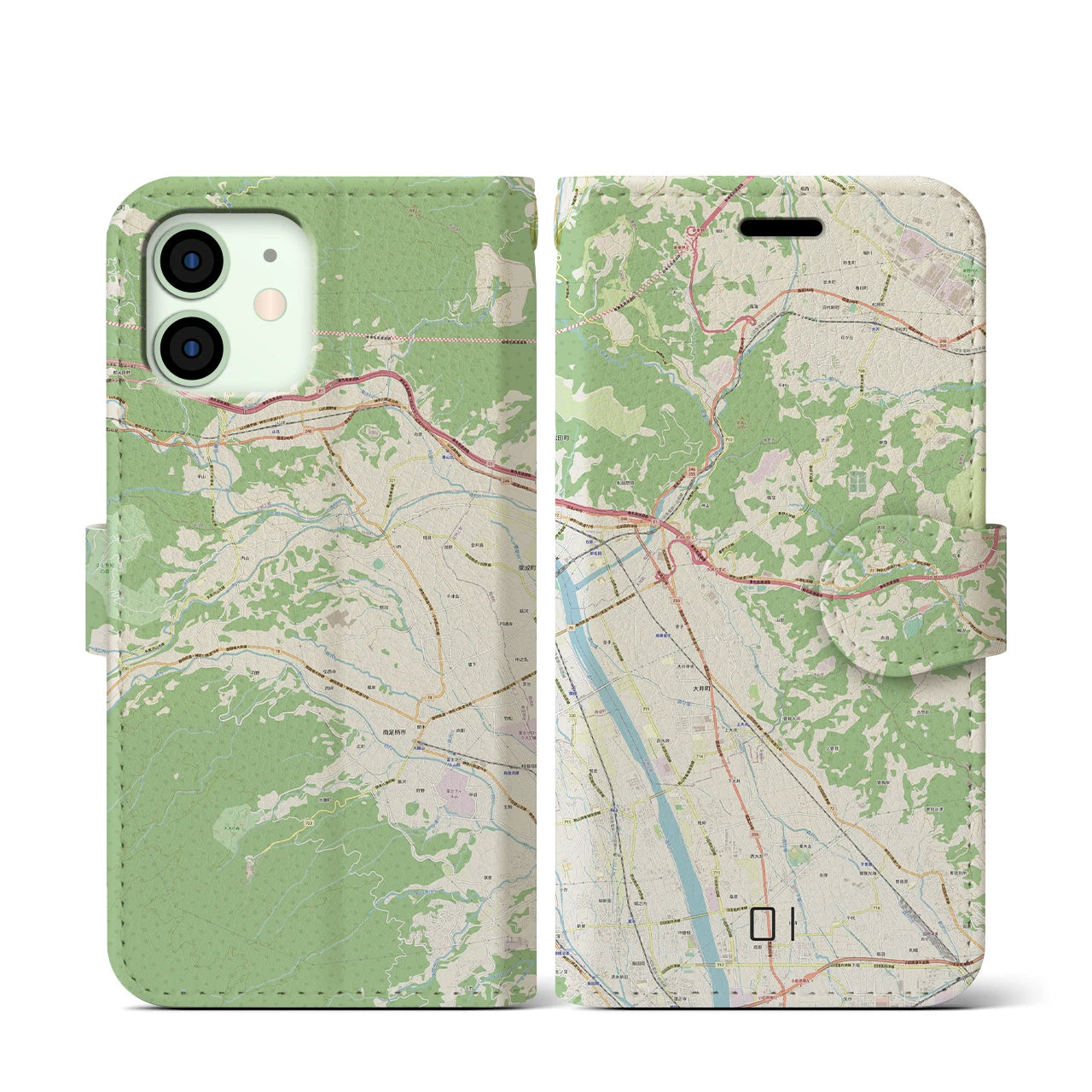 【大井】地図柄iPhoneケース（手帳両面タイプ・ナチュラル）iPhone 12 mini 用