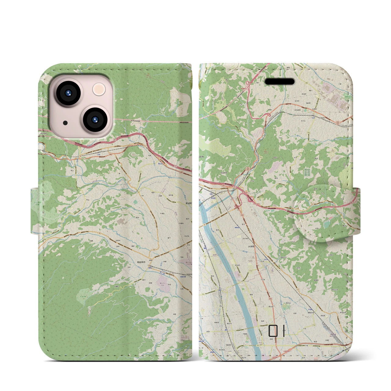 【大井】地図柄iPhoneケース（手帳両面タイプ・ナチュラル）iPhone 13 mini 用