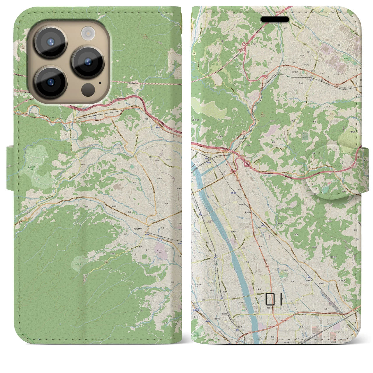 【大井】地図柄iPhoneケース（手帳両面タイプ・ナチュラル）iPhone 14 Pro Max 用