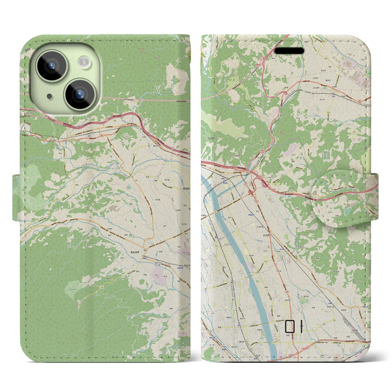 【大井】地図柄iPhoneケース（手帳両面タイプ・ナチュラル）iPhone 15 用