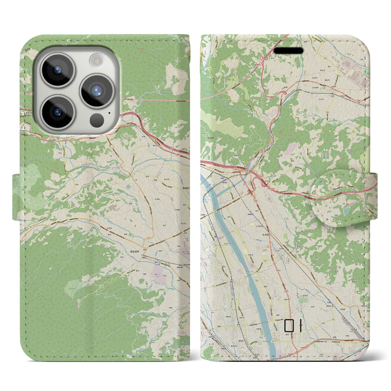 【大井】地図柄iPhoneケース（手帳両面タイプ・ナチュラル）iPhone 15 Pro 用