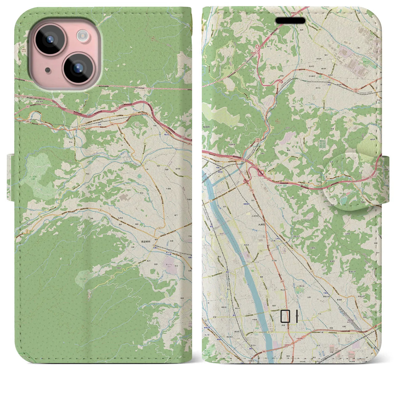 【大井】地図柄iPhoneケース（手帳両面タイプ・ナチュラル）iPhone 15 Plus 用
