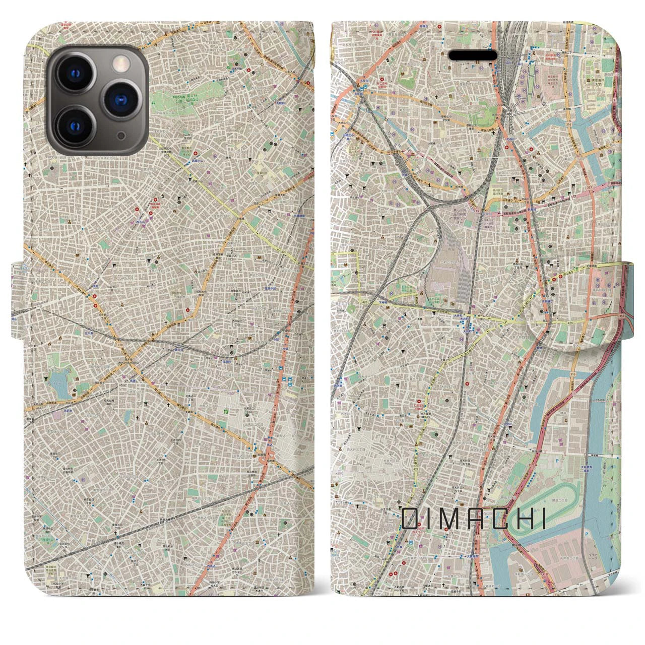 【大井町】地図柄iPhoneケース（手帳両面タイプ・ナチュラル）iPhone 11 Pro Max 用