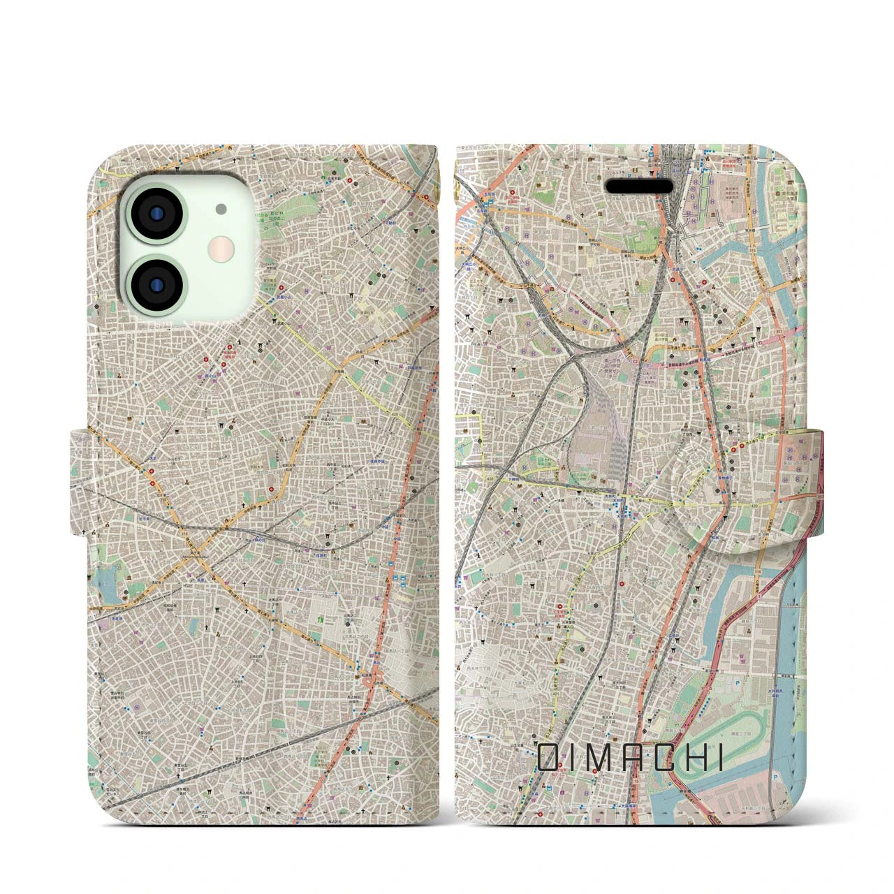 【大井町】地図柄iPhoneケース（手帳両面タイプ・ナチュラル）iPhone 12 mini 用