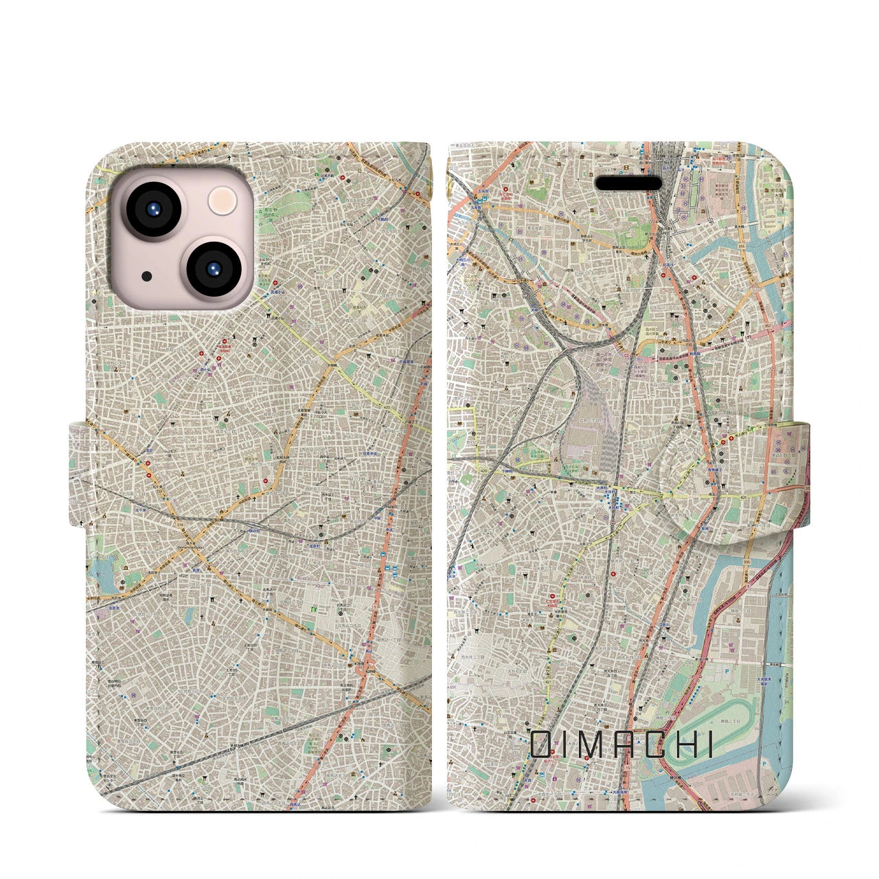 【大井町】地図柄iPhoneケース（手帳両面タイプ・ナチュラル）iPhone 13 mini 用