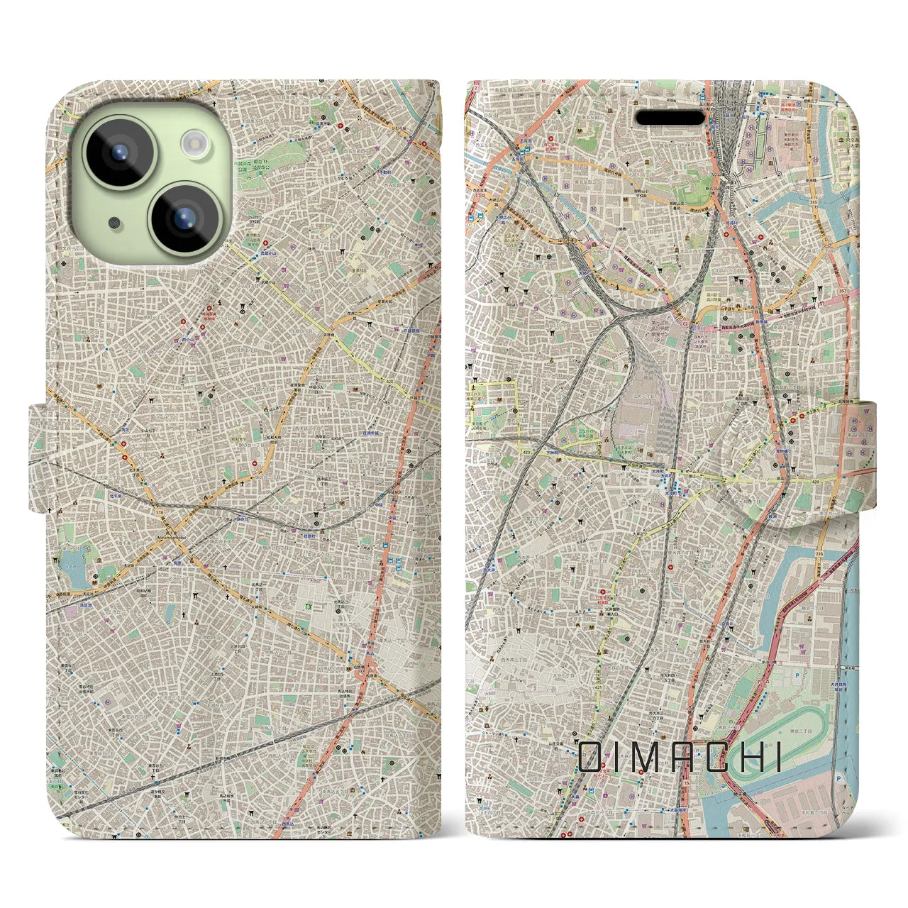 【大井町】地図柄iPhoneケース（手帳両面タイプ・ナチュラル）iPhone 15 用