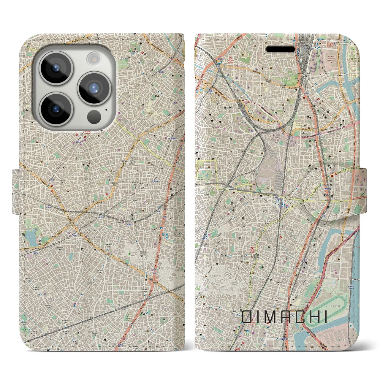 【大井町】地図柄iPhoneケース（手帳両面タイプ・ナチュラル）iPhone 15 Pro 用