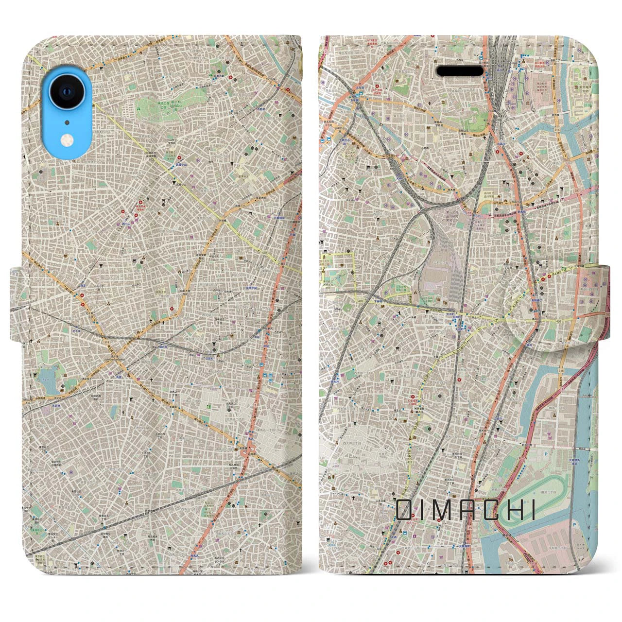 【大井町】地図柄iPhoneケース（手帳両面タイプ・ナチュラル）iPhone XR 用