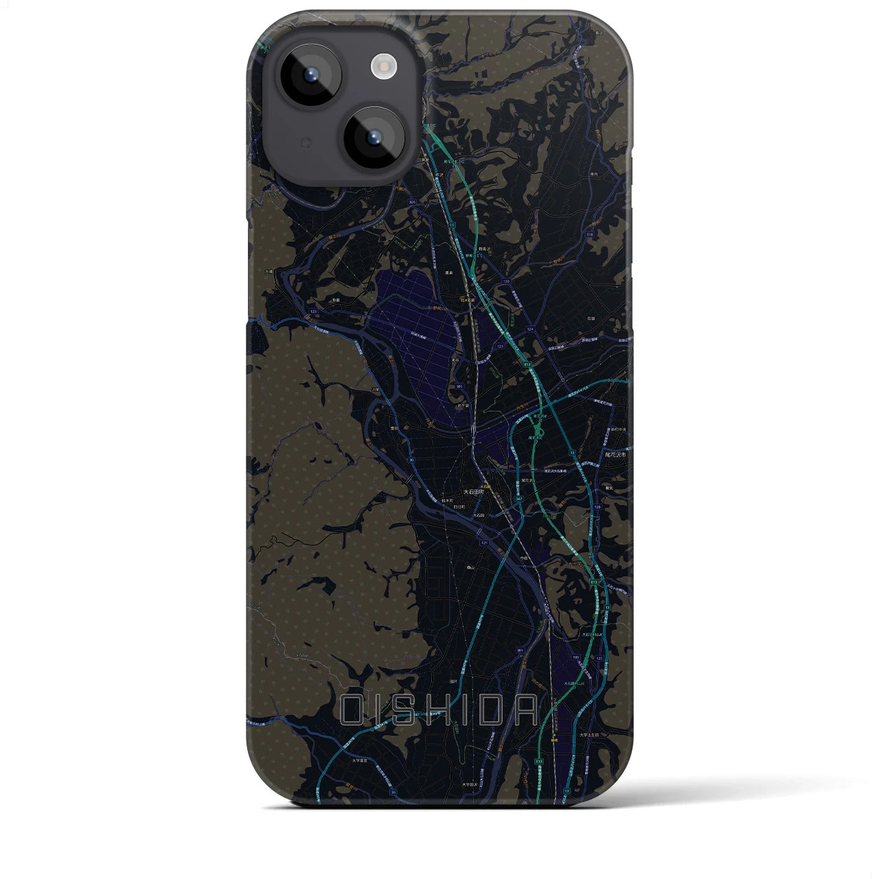 【大石田】地図柄iPhoneケース（バックカバータイプ・ブラック）iPhone 14 Plus 用