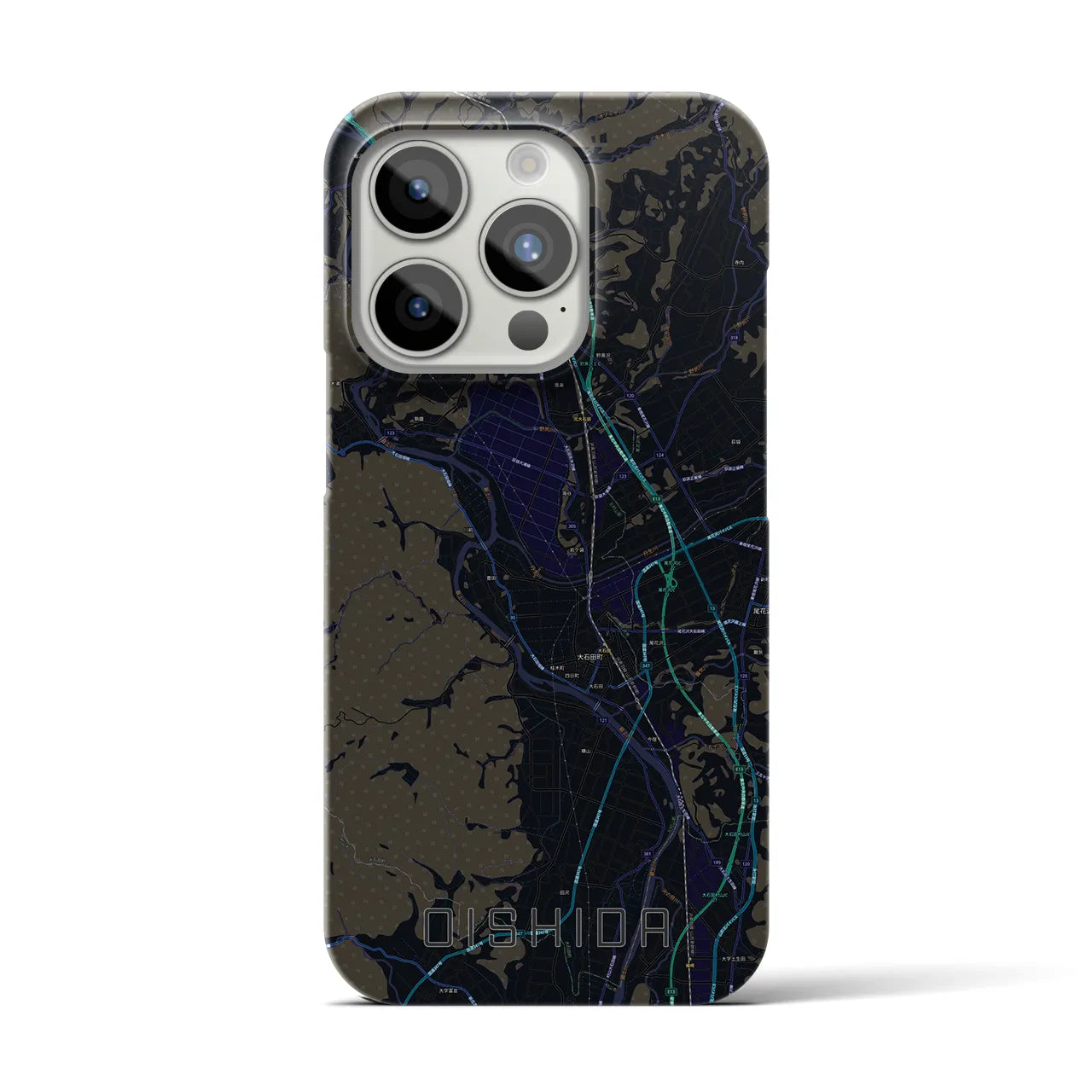 【大石田】地図柄iPhoneケース（バックカバータイプ・ブラック）iPhone 15 Pro 用