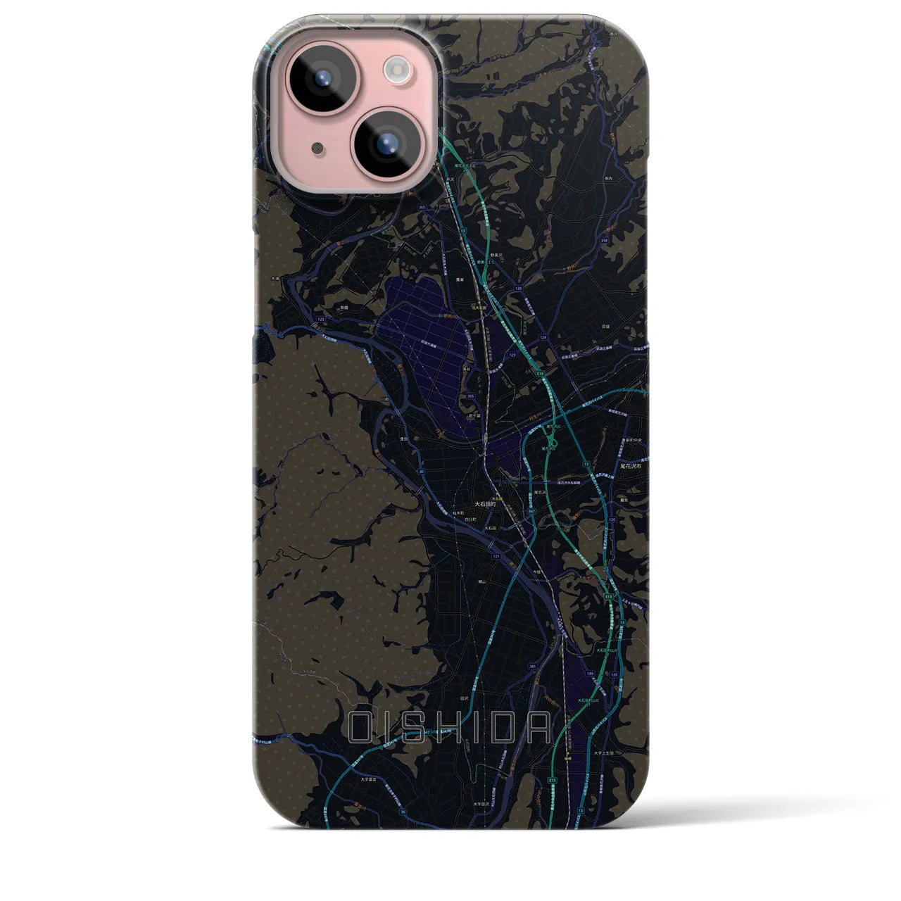 【大石田】地図柄iPhoneケース（バックカバータイプ・ブラック）iPhone 15 Plus 用