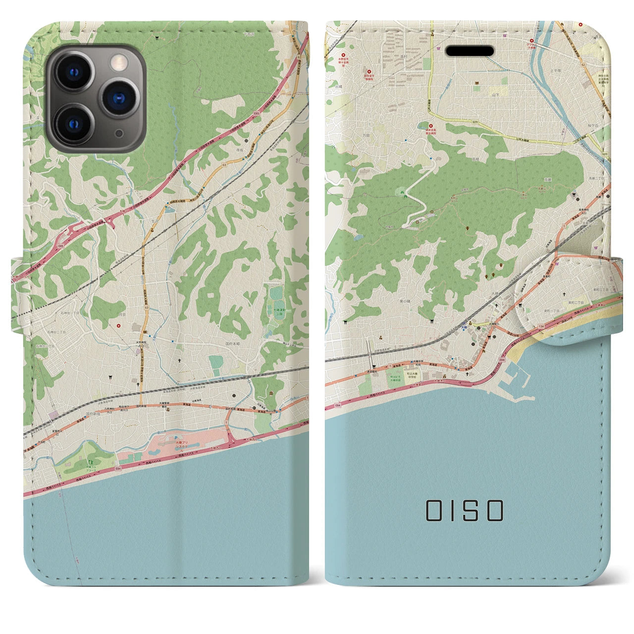 【大磯】地図柄iPhoneケース（手帳両面タイプ・ナチュラル）iPhone 11 Pro Max 用