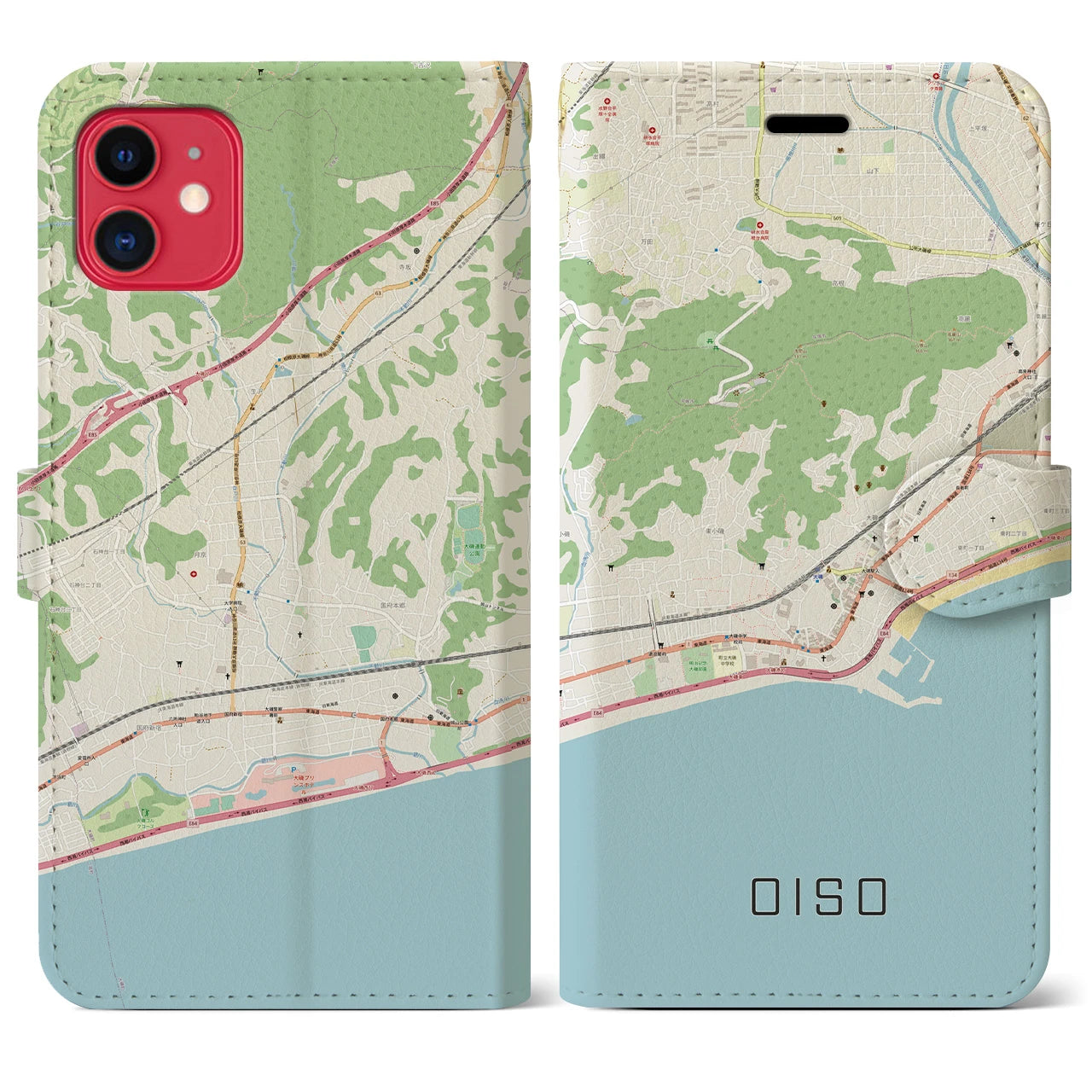 【大磯】地図柄iPhoneケース（手帳両面タイプ・ナチュラル）iPhone 11 用